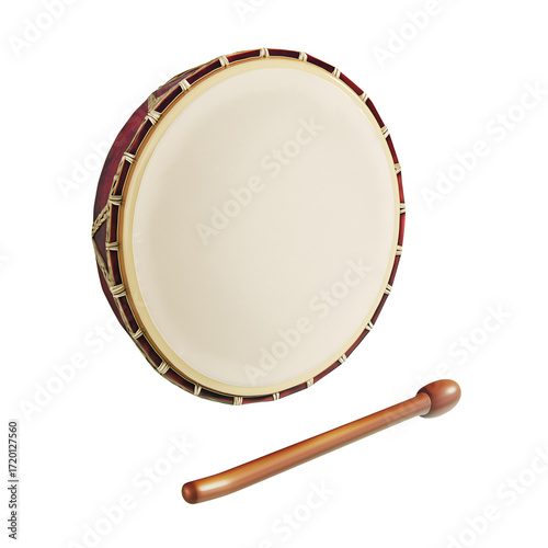 3D Render of Frame Drum with Beater on Transparent Background