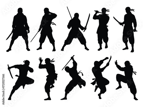 Dynamic collection of ten black silhouettes of ninjas in various martial arts poses holding swords and knives