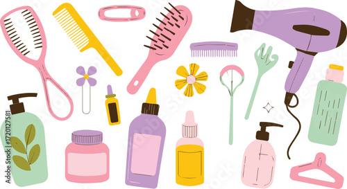 Vector art of collection of hair care products for beauty routine