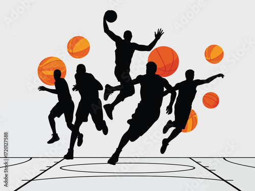 Dynamic basketball action silhouette featuring players in mid air and on the court with orange basketballs