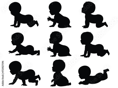 Collection of nine black baby silhouettes in various crawling and sitting poses against a white background silhouette