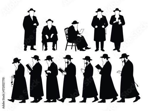 Collection of diverse jewish men in traditional attire depicted in a striking black silhouette style