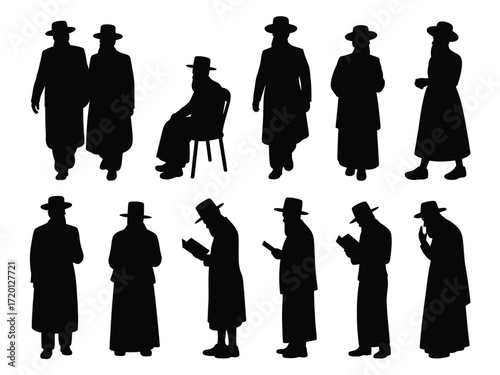 Collection of diverse jewish men in traditional attire depicted in a striking black silhouette style
