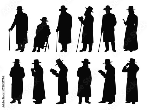 Collection of diverse jewish men in traditional attire posing with canes and books silhouette