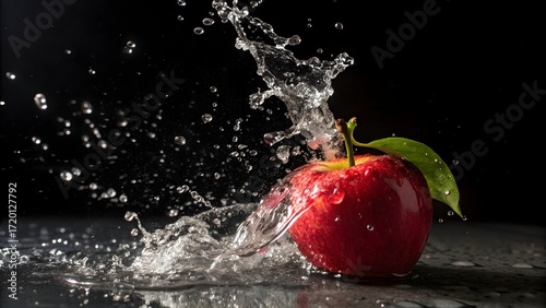 A single red apple with a green leaf is hit by a splash of water against a dark background, creating a dynamic and refreshing scene