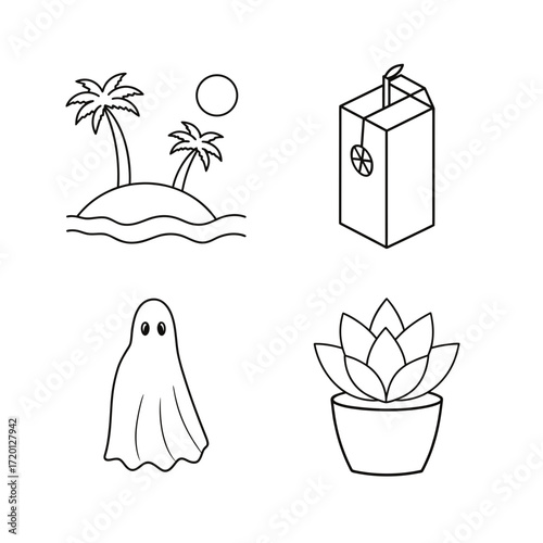 Four drawings of island juice ghost and succulent on transparent background