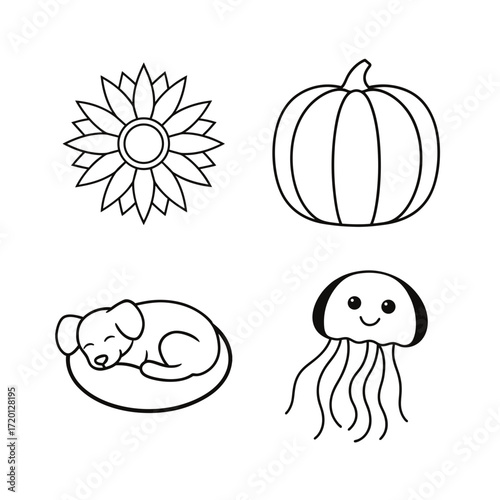 Line drawing of flower pumpkin dog and jellyfish art on transparent background