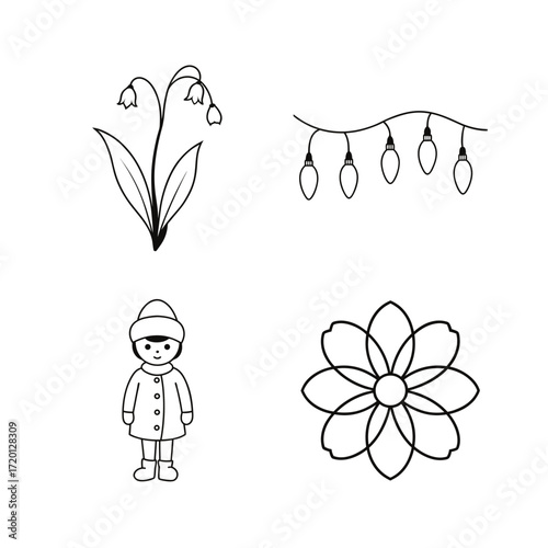 Four simple drawings of a flower girl lights and boy on transparent background