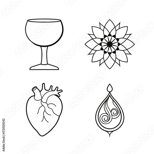 Illustration of wine glass heart flower and pendant on transparent background