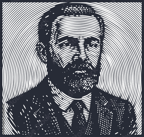 Vintage Engraving Style Gentleman Portrait. Black and White Line Art Illustration. Abstract Man in Suit for Canvas Print. Modern Minimalist Wall Decor Digital Art.