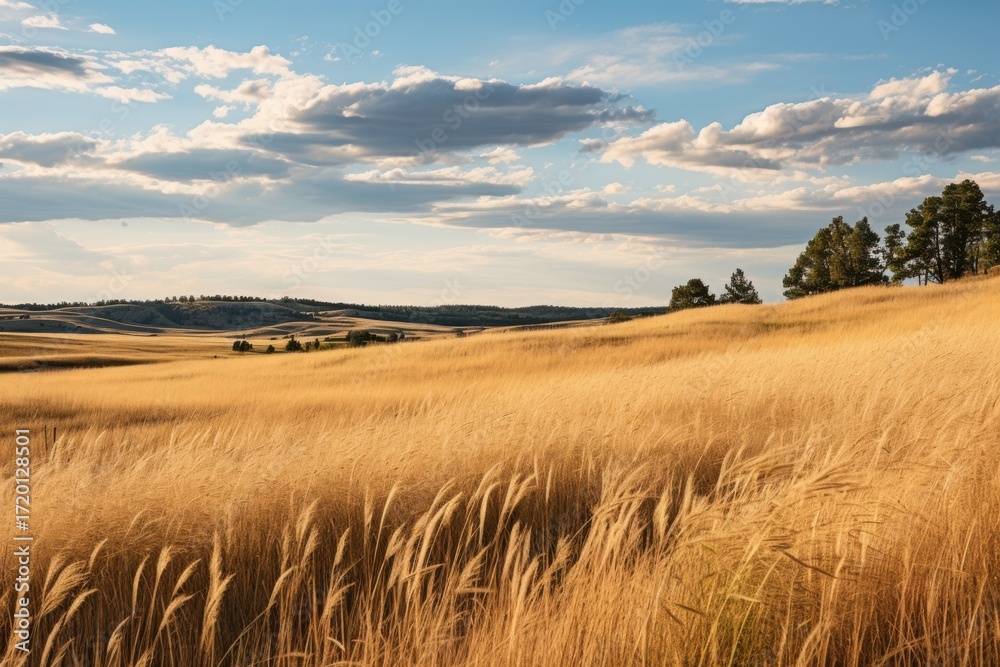 Fototapeta premium Golden prairie grasses under a cloudy sky swaying field