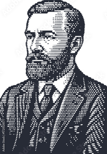 Vintage Engraved Portrait of a Gentleman, Classic Monochrome Bitmap Illustration. Sophisticated Wall Art of a Bearded Man in a Suit for Elegant Home or Office Decor.