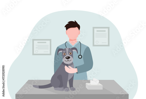 Vector illustration of a veterinary examination of a dog on a veterinary clinic table. A friendly doctor examines a dog. Veterinary clinic. Animal care concept.