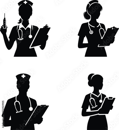 Silhouette of nurses Healthcare professionals with stethoscopes and clipboards