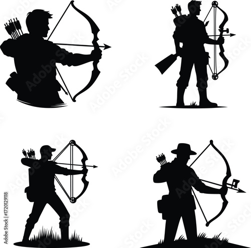 Silhouette Archer Poses Archery Figures in Action with Bows and Arrows, Outdoor Sports