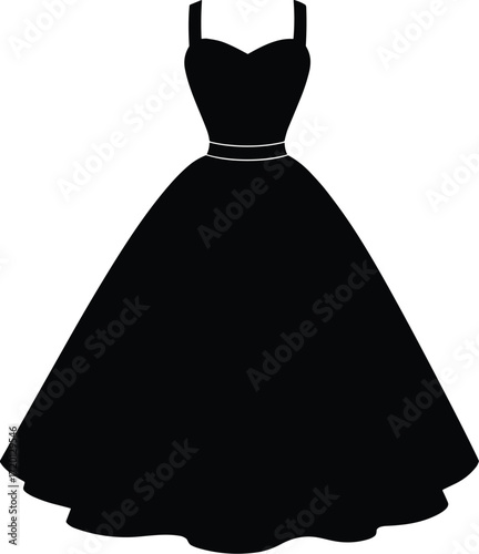 Elegant black silhouette of vintage evening gown with sweetheart neckline, fitted bodice, pleated full skirt, formal fashion vector illustration design