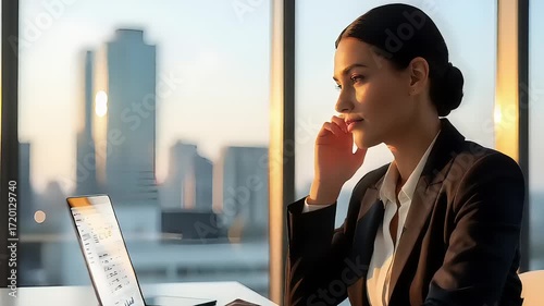 Successful female executive making a phone call while working late in a high-rise office with a city view