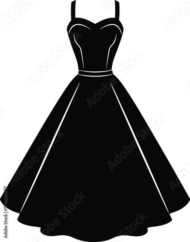 Elegant black silhouette of vintage evening gown with sweetheart neckline, fitted bodice, pleated full skirt, formal fashion vector illustration design