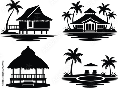 Tropical resort bungalow silhouettes, beach hut vector illustration, palm trees, vacation villa, exotic travel icons, summer holiday relaxation, ocean view paradise, island retreat