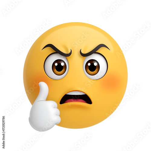 Yellow emoji face with angry eyebrows and thumbs up gesture on transparent background. black background graphic isolated on a transparent background