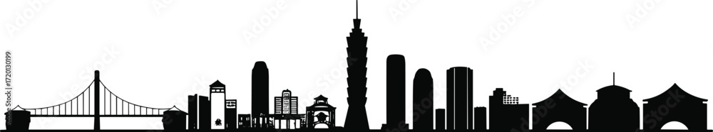 Naklejka premium Taipei city skyline silhouette illustration, Taipei 101 tower artwork, modern urban architecture design, traditional Asian buildings, cultural landmark cityscape background