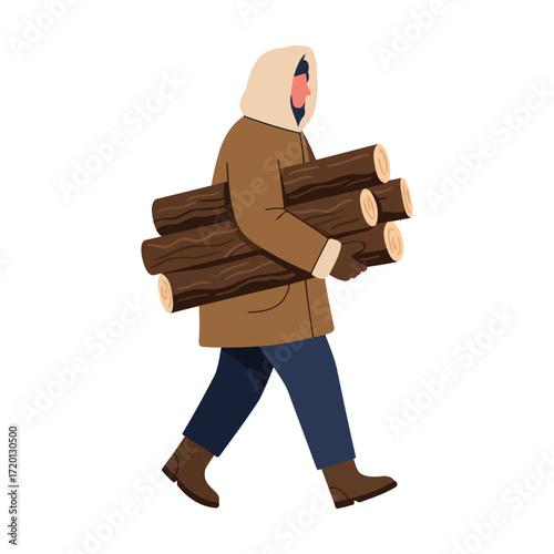 A man in warm clothing carries a bundle of firewood.
