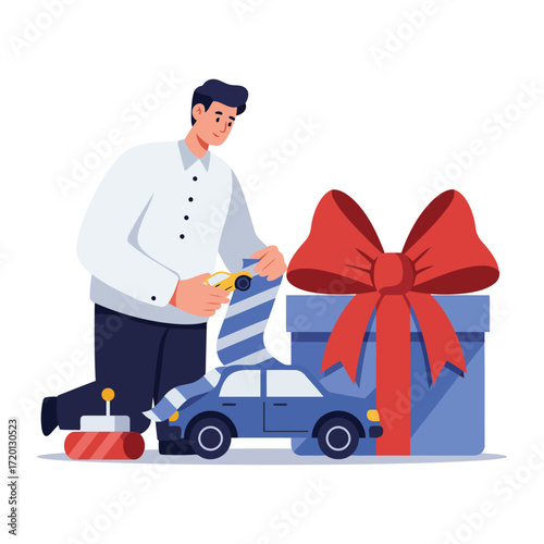 A man is wrapping a toy car as a gift, with a large red bow on a blue gift box.