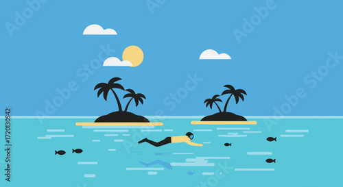 Enjoying a refreshing swim in the crystal-clear waters of a vibrant tropical paradise, surrounded by serene islands and exotic marine life under a bright summer sky