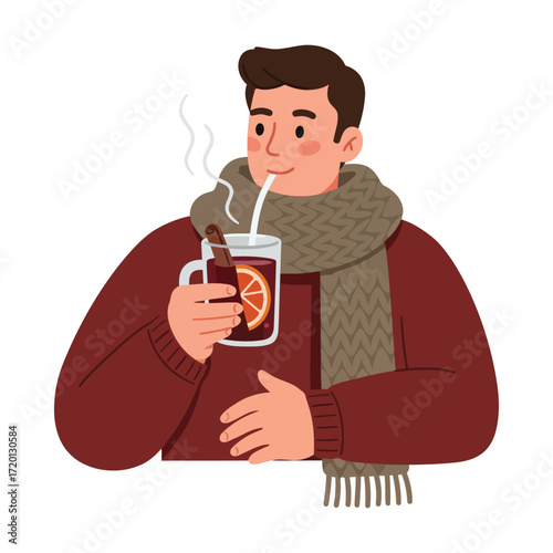 A cozy man in a sweater and scarf enjoys a warm mug of mulled wine with an orange slice and cinnamon stick.