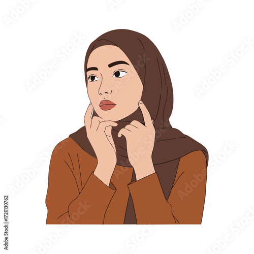 A young woman wearing a brown hijab and an orange top, thoughtfully looking off to the side, with her hands gently touching her face.