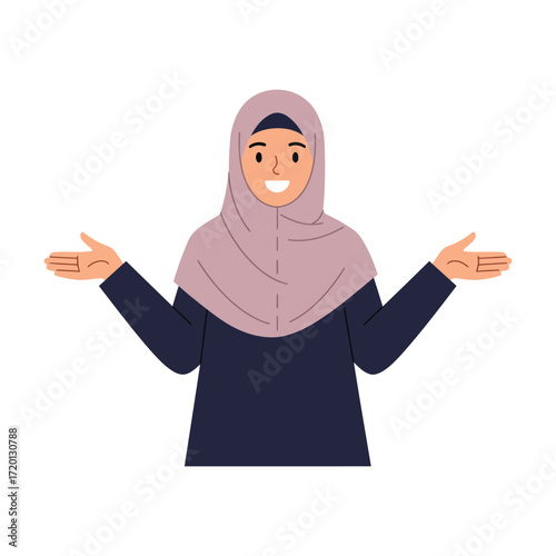 Smiling woman wearing a hijab with arms outstretched.