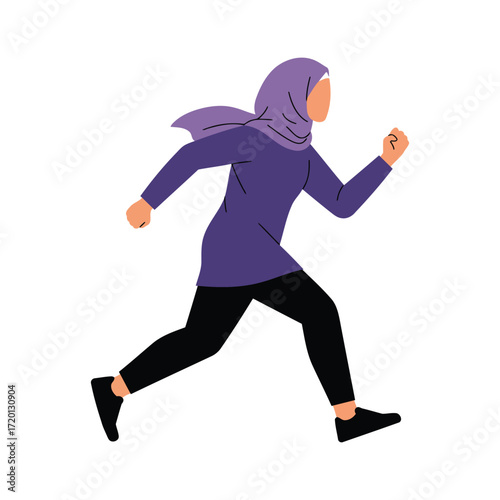 A woman in a purple hijab and modest athletic wear is running with determination.