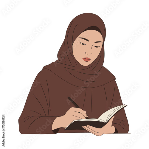 Woman in hijab writing in a notebook with a pen.