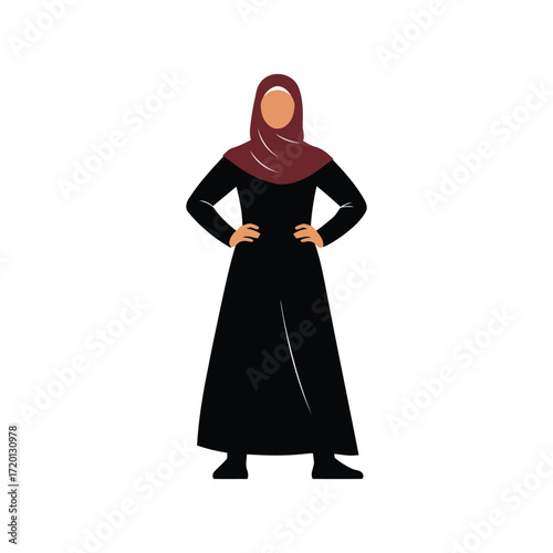 A confident Muslim woman wearing a traditional black abaya and a red hijab, standing with her hands on her hips.