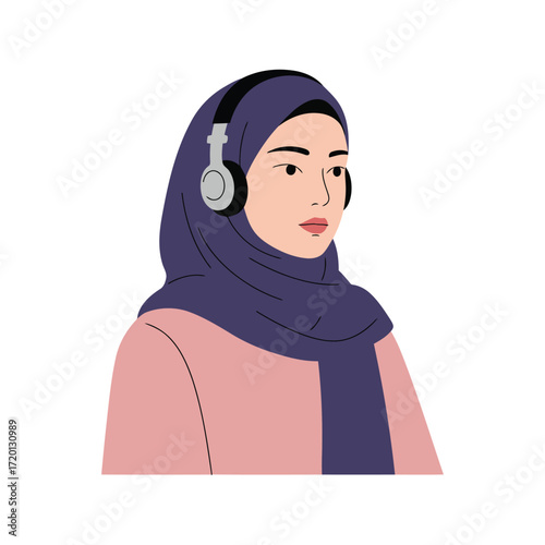 A young woman wearing a purple hijab and headphones, listening to music.