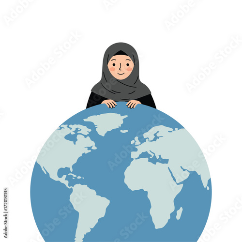 A young woman wearing a hijab stands behind a globe, symbolizing global connection and representation.