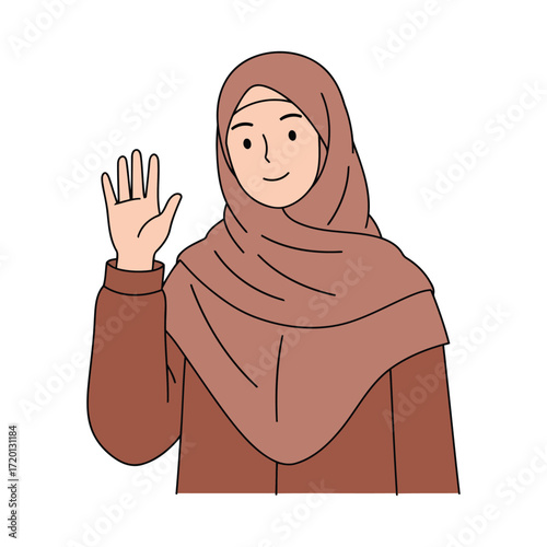 Friendly woman wearing a hijab waves hello.