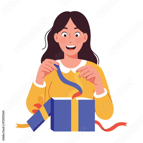 A surprised woman with dark hair opens a blue gift box with a yellow ribbon, revealing a surprise inside.