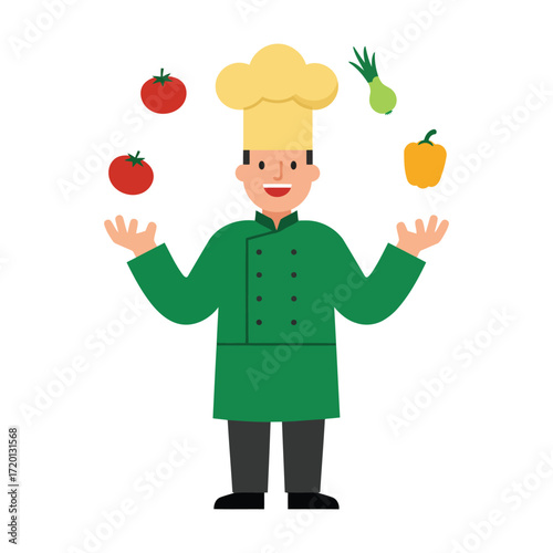 Chef juggling vegetables, wearing a tall hat and green uniform.