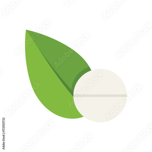 A white pill with a dividing line rests beside a vibrant green leaf, symbolizing natural medicine or herbal remedies.