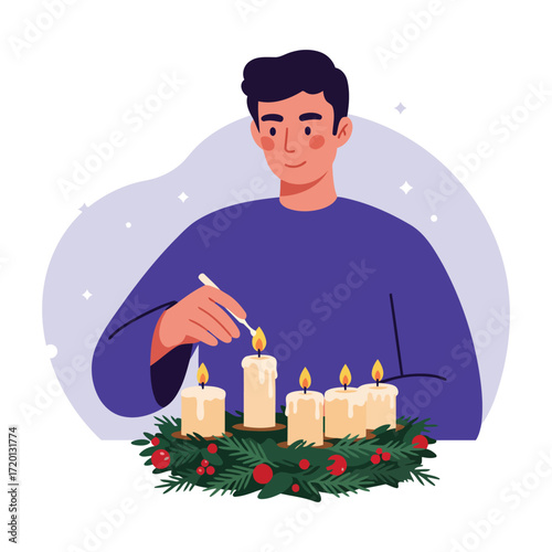 A man lighting candles on an Advent wreath during the Christmas season, symbolizing hope and anticipation.