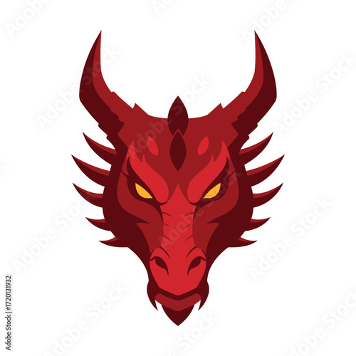 Symmetrical front view of a fierce red dragon head with horns and glowing yellow eyes, depicted in a stylized vector art style.