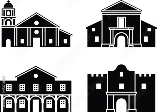 Colonial architecture silhouette icons, Spanish missions and forts, historical buildings vector set, vintage religious and military landmarks, heritage structure illustration
