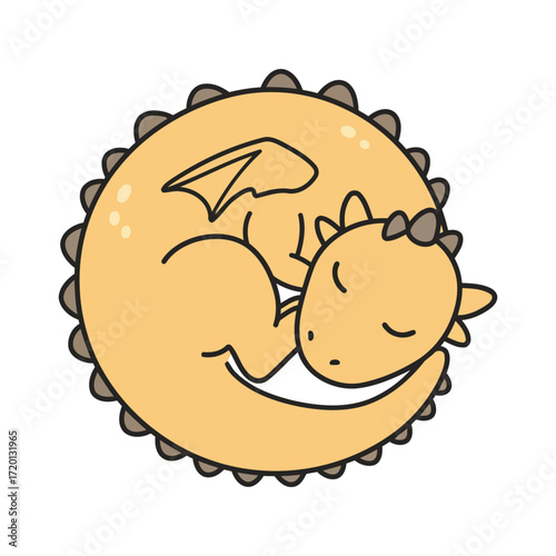 A cute, sleeping baby dragon curled up in a circle with its eyes closed.