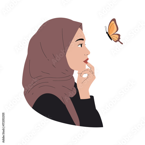 A woman wearing a hijab looks at a butterfly.