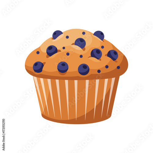 A cartoon illustration of a single, fresh blueberry muffin with a golden-brown top, baked in a striped paper liner and isolated on a white background.