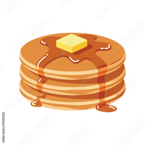 Stack of pancakes with butter and syrup, a breakfast food.