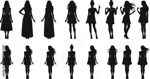 Female fashion silhouettes, elegant women poses, stylish dress collection, modern outfit design, beauty posture, lifestyle illustration, vector character, professional stock art