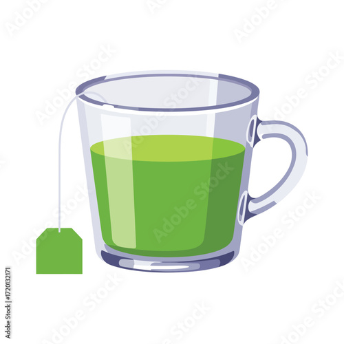 A clear glass mug of freshly brewed green tea with a tea bag hanging over the side, isolated on a white background.
