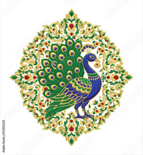 Ornate Peacock Illustration With Gold Floral Frame And Jewel Embellishments In Vector